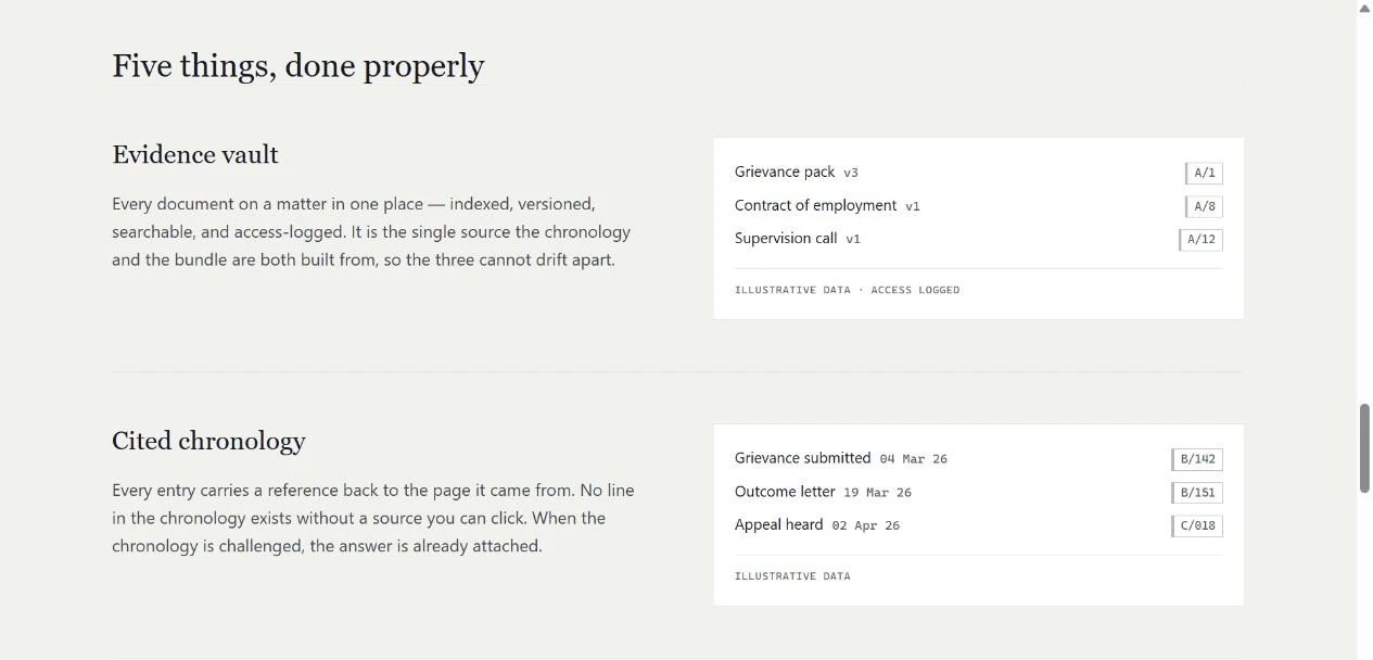 ClaimOS website showing its evidence vault and cited chronology with illustrative data