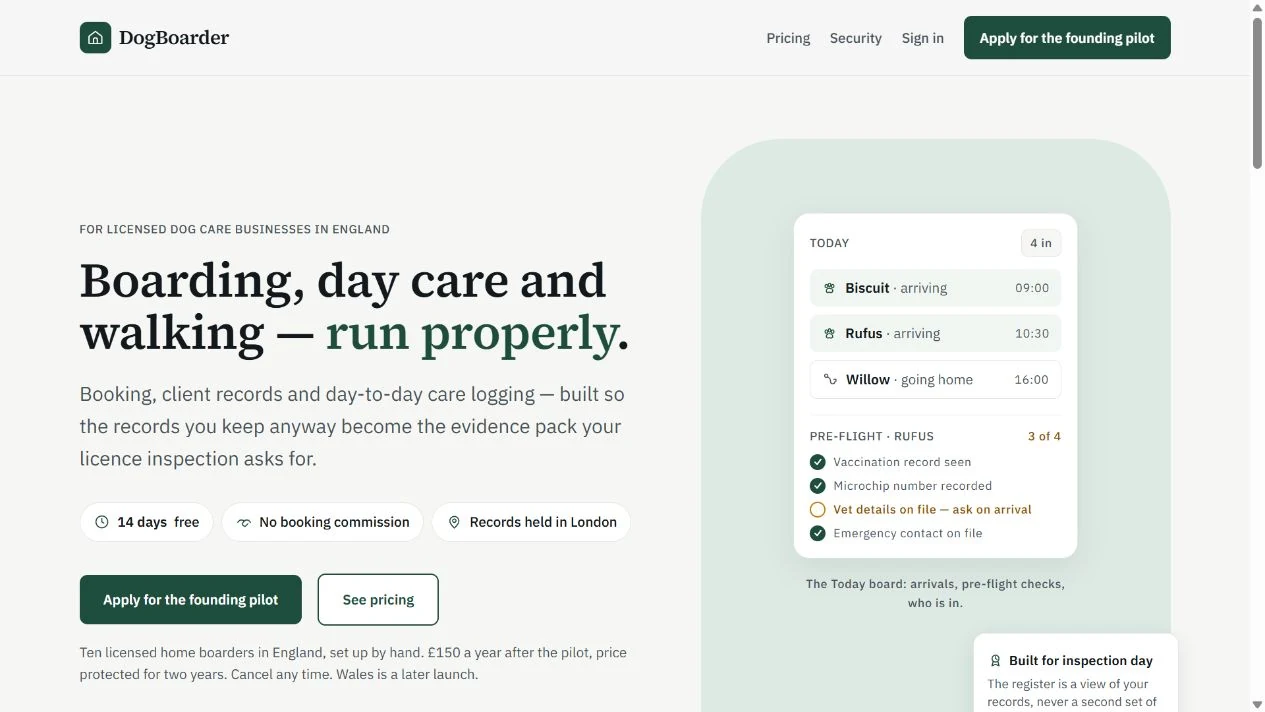 DogBoarder website showing a demonstration arrivals board and care checks